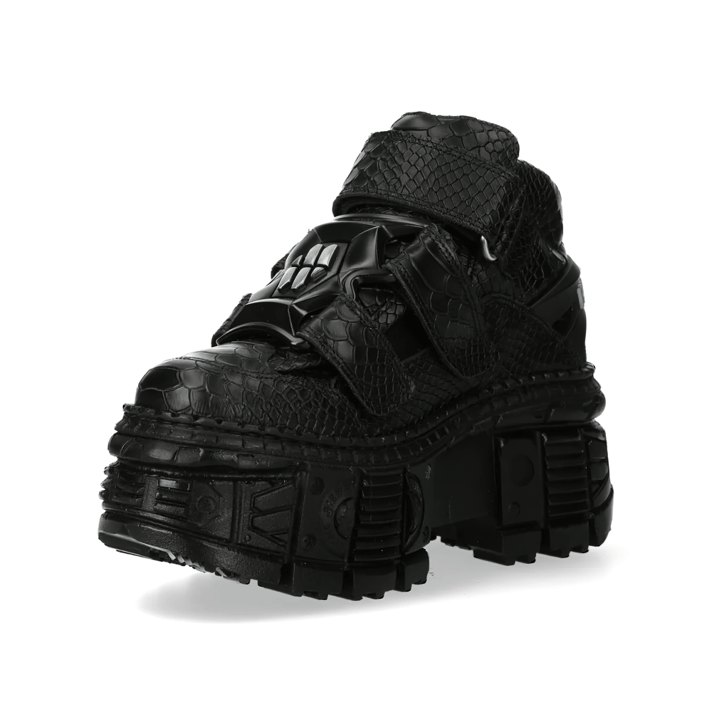 NEW ROCK Men's Gothic Ankle Boots with Textured Croc Pattern featuring chunky platform and textured straps.