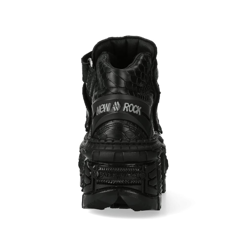 NEW ROCK Men's Gothic Ankle Boots with Textured Croc Pattern showcasing the back view with embossed reptile texture.