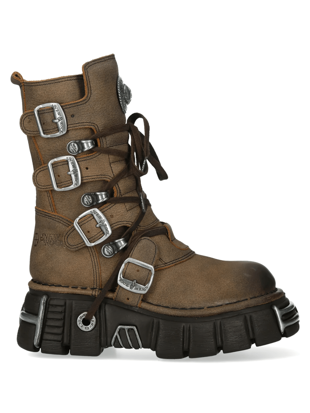 NEW ROCK Men's Gothic Boots with Buckles and Platform Sole in weathered brown with metal trim.