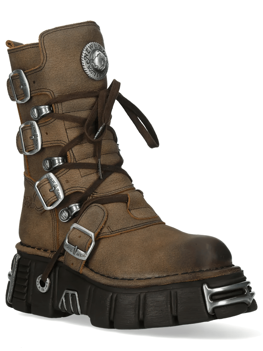 NEW ROCK Men's Gothic Boots with Buckles and Platform Sole in weathered brown with black laces and silver hardware.