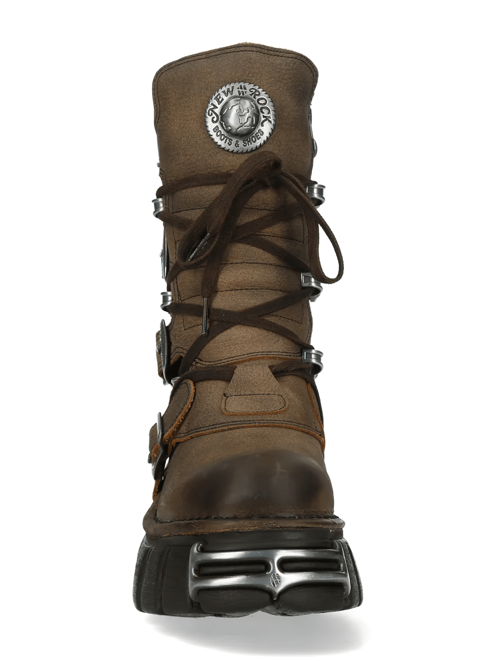 NEW ROCK Men's Gothic Boots with Buckles and Platform Sole featuring brown leather, silver hardware, and a stylish design.