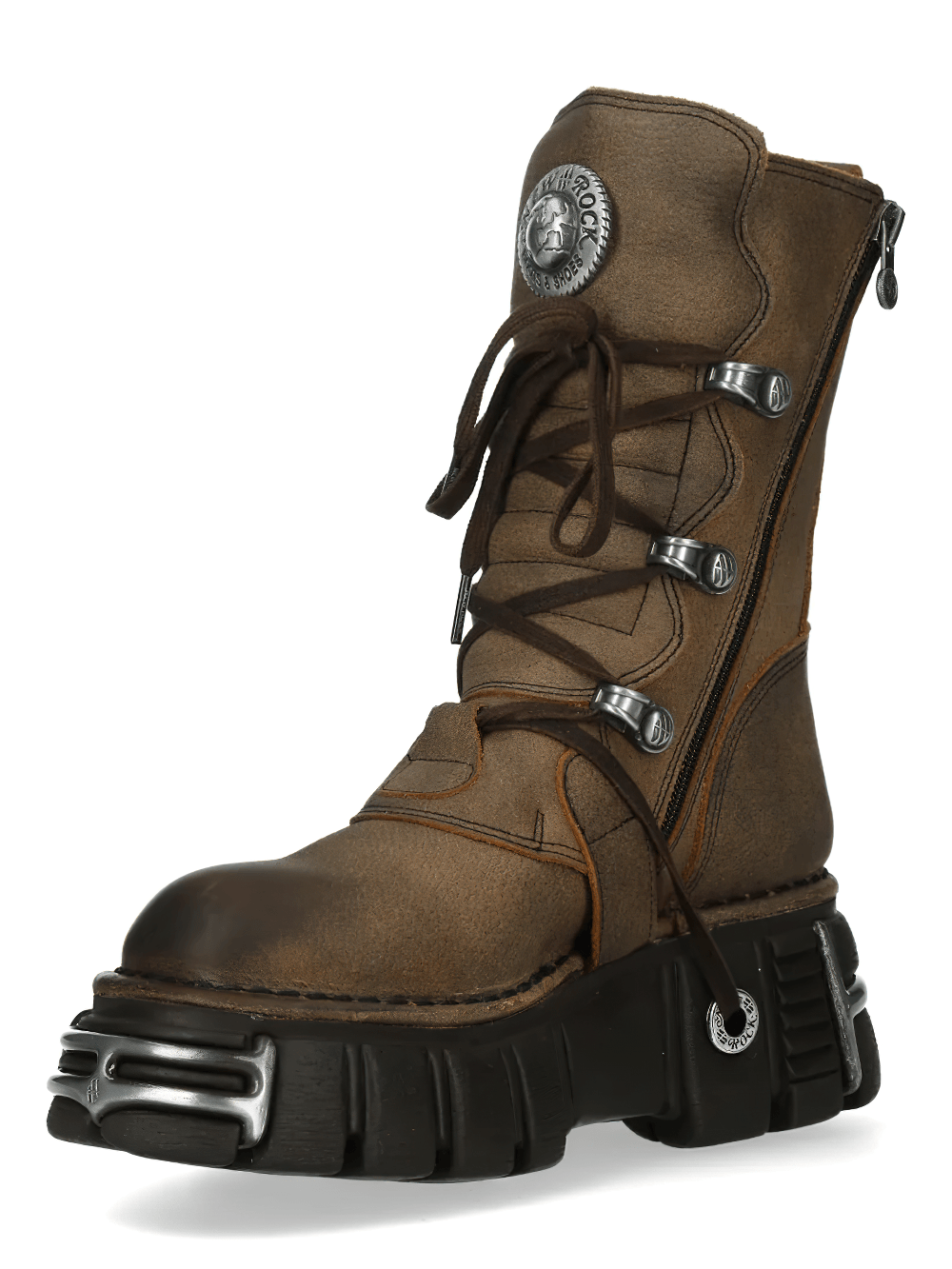 NEW ROCK Men's Gothic Boots with Buckles and Platform Sole in weathered brown with side zipper and chunky platform.