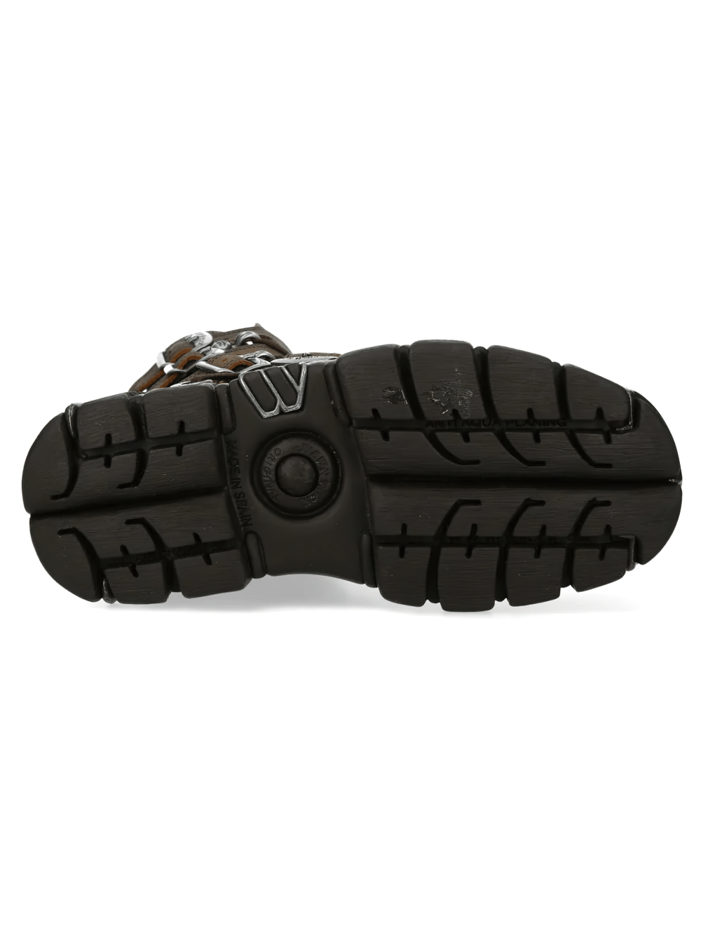 Bottom view of NEW ROCK Men's Gothic Boots with Buckles and Platform Sole showcasing the tread and metal accents.