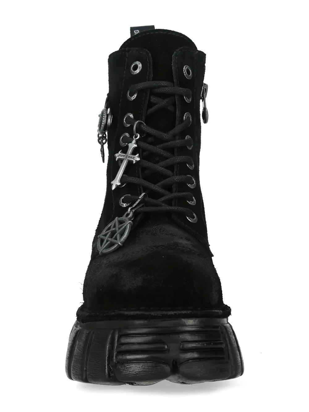 NEW ROCK Men's Gothic Charm Combat Boots with Cross Details featuring zip, lace-up front, and pentagram charms.