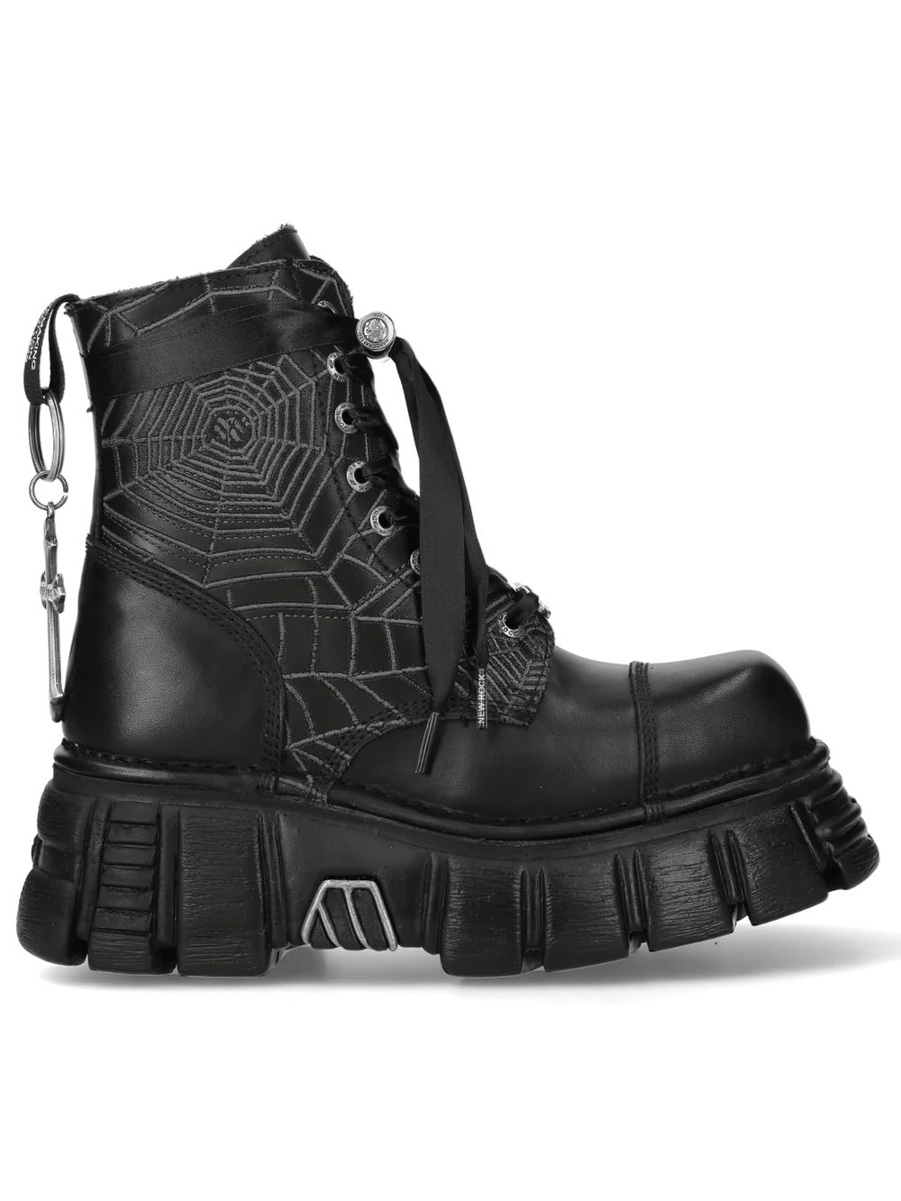 NEW ROCK Men's Gothic Combat Ankle Boots with Cross Charm - edgy black ankle boots with spider web design and chunky platform.