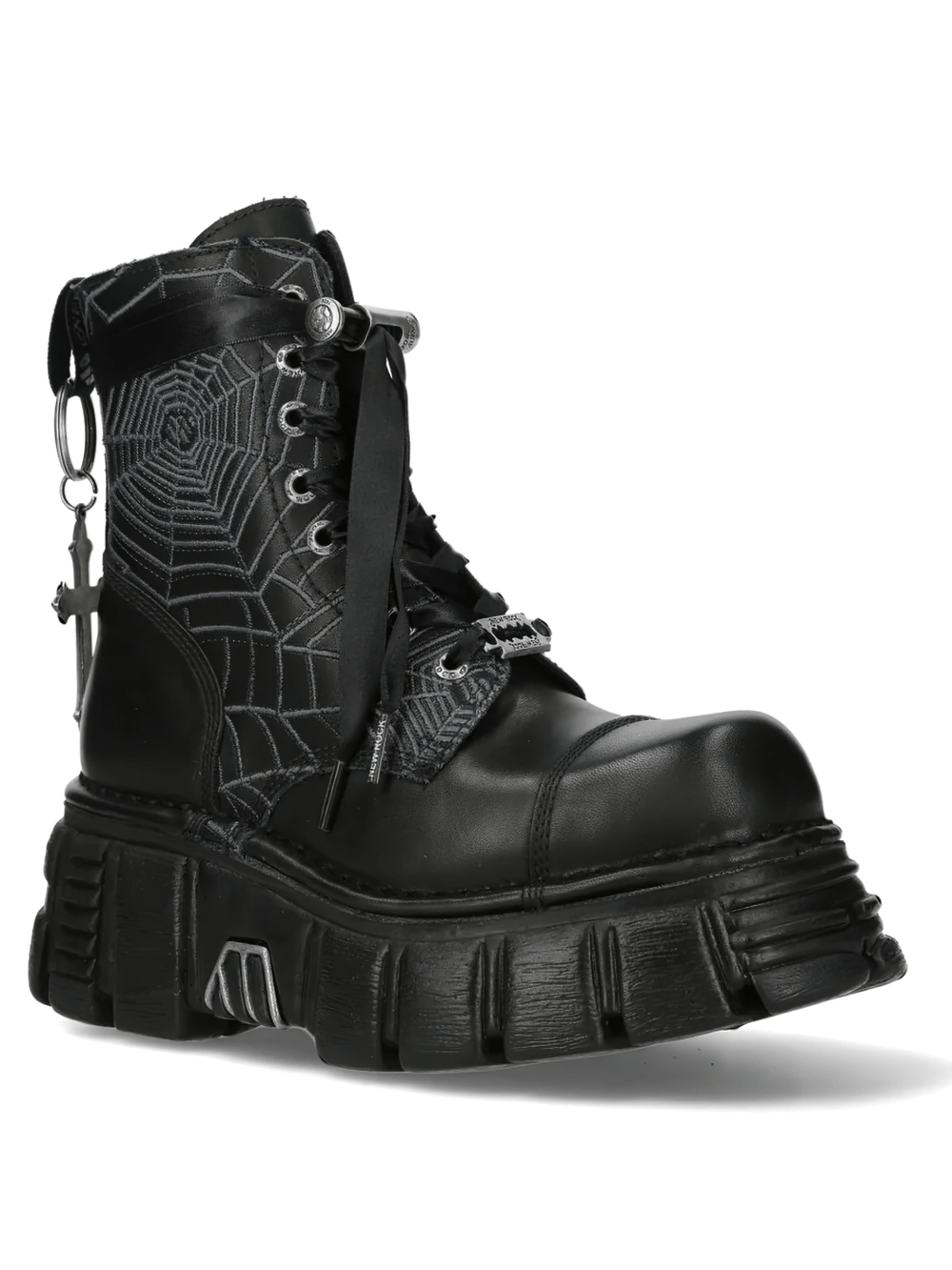 NEW ROCK Men's Gothic Combat Ankle Boots with Cross Charm featuring spider web design.