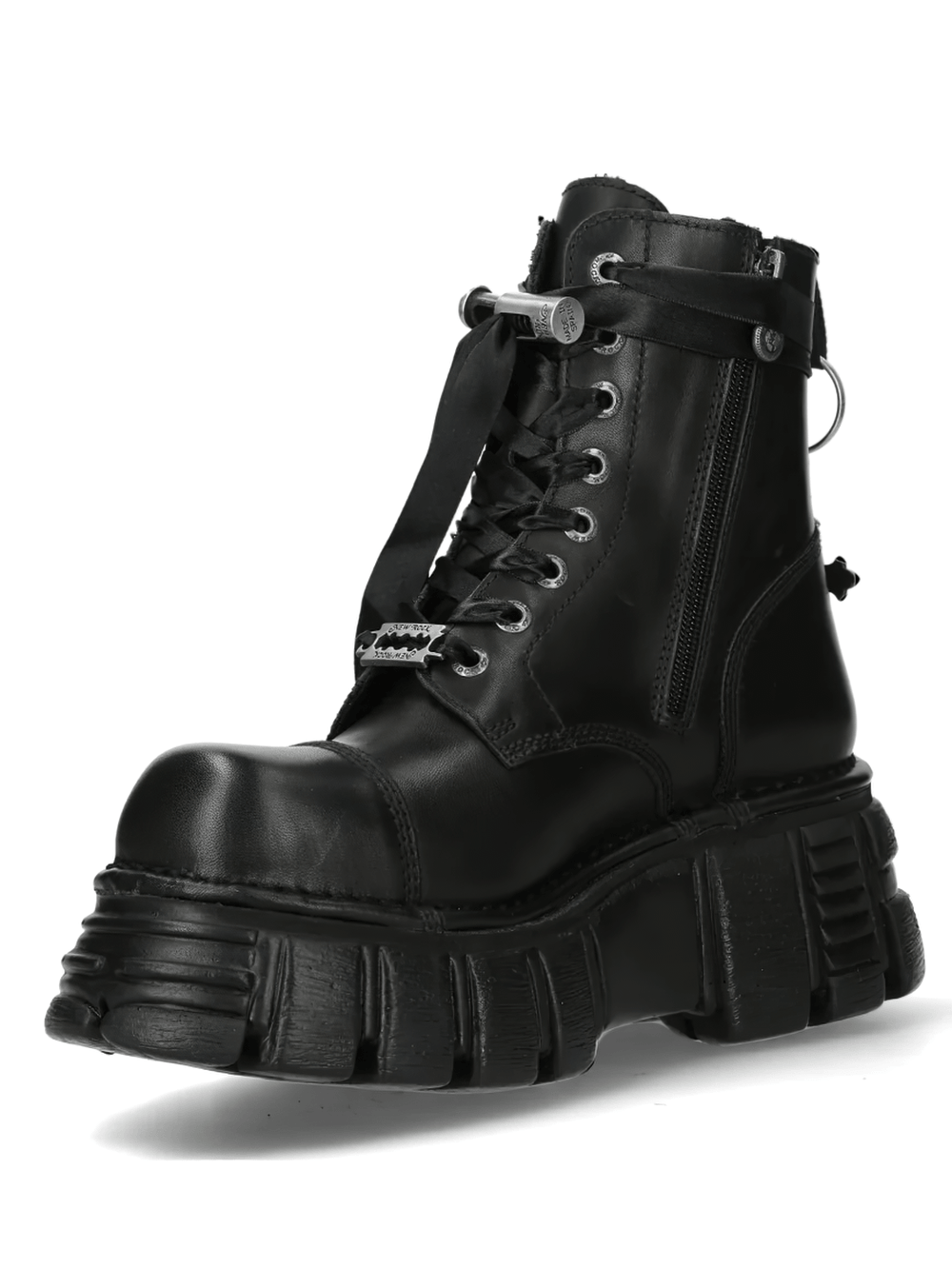 NEW ROCK Men's Gothic Combat Ankle Boots with Cross Charm in black with chunky sole and lace-up design.