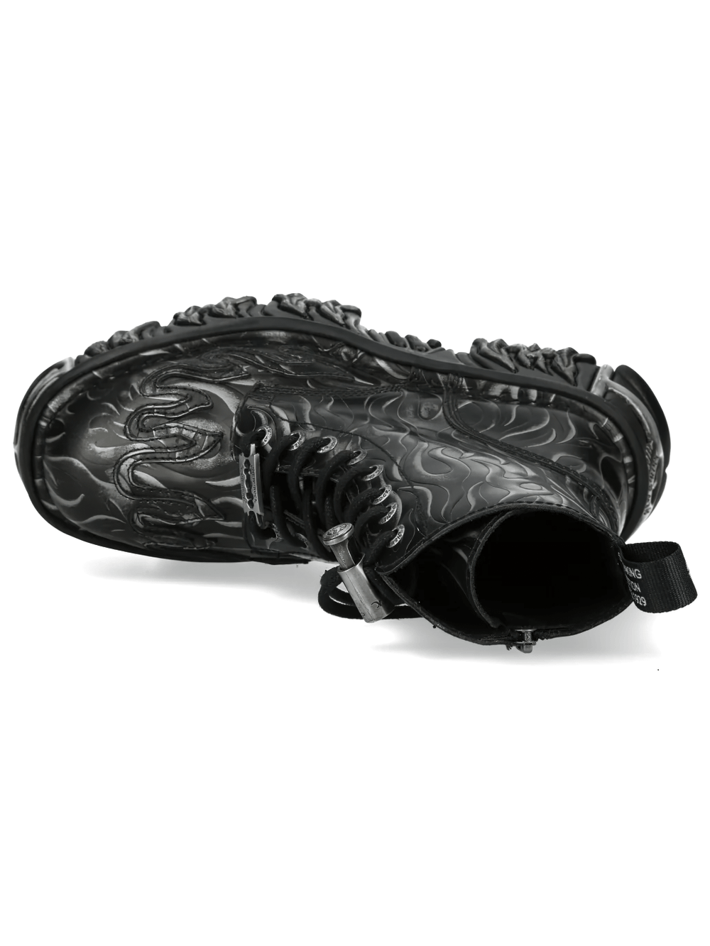 NEW ROCK Men's Gothic Flame Boots with Sculpted Silver Heels featuring embossed flames and laces.