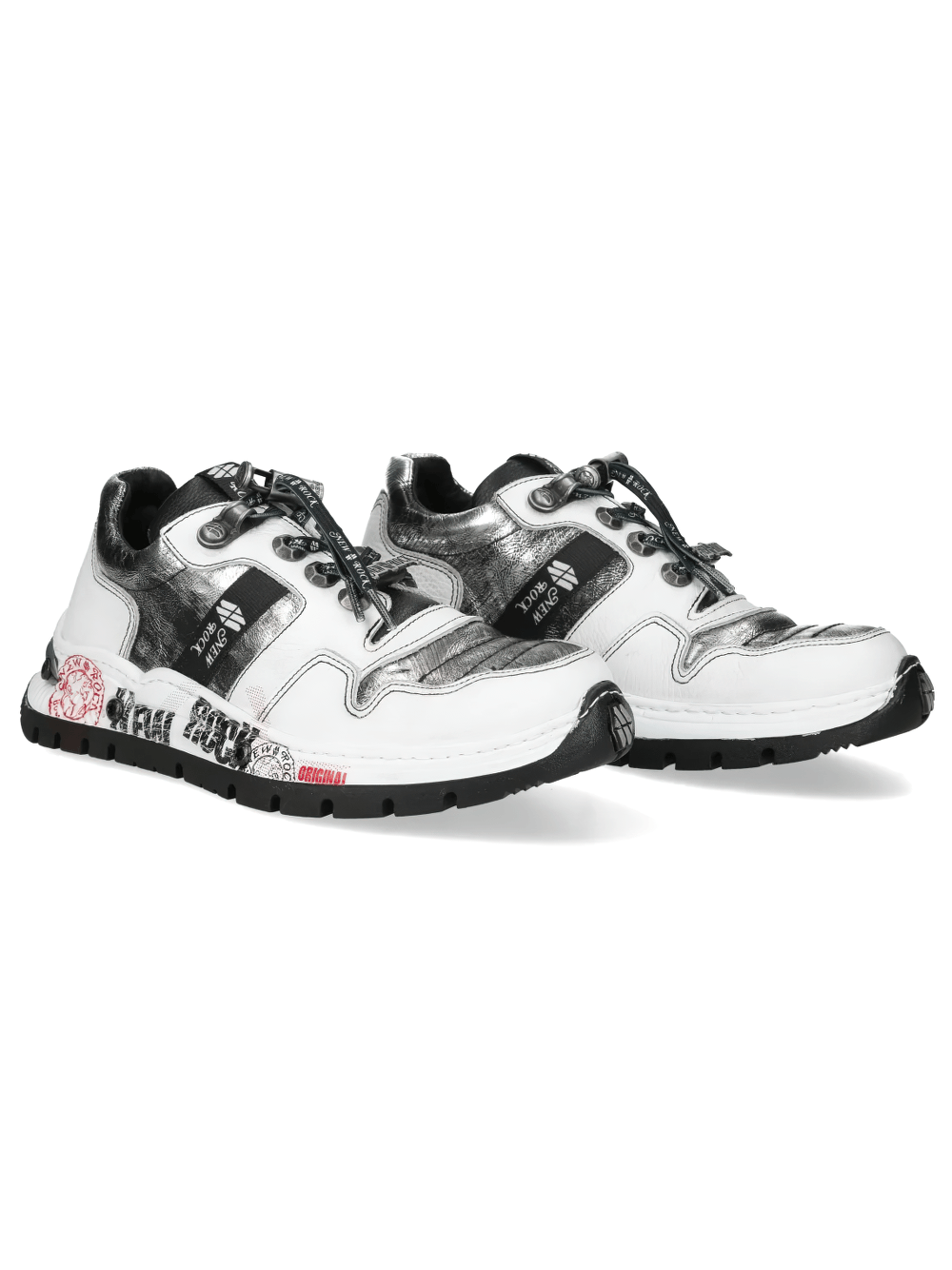NEW ROCK Women's Metallic Rock Low-Top Platform Shoes in silver and white with chunky sole and unique design.