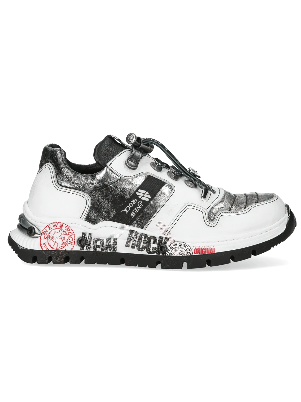 NEW ROCK Women's Metallic Rock Low-Top Platform Shoes in silver and white with chunky soles for a punk style.