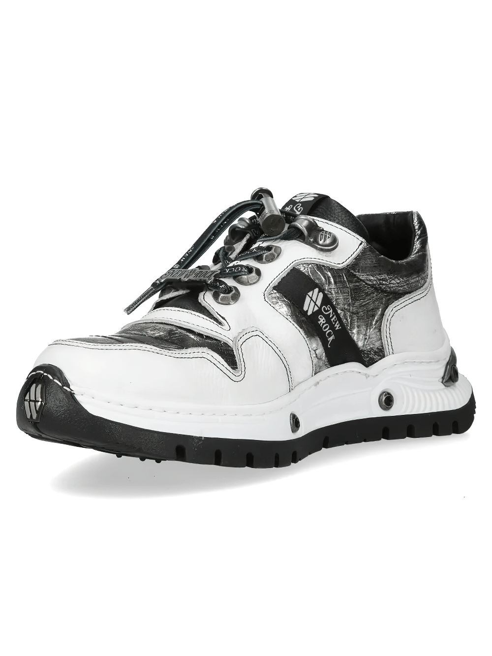 NEW ROCK Women's Metallic Rock Low-Top Platform Shoes in silver and white leather with chunky soles and utility eyelets.