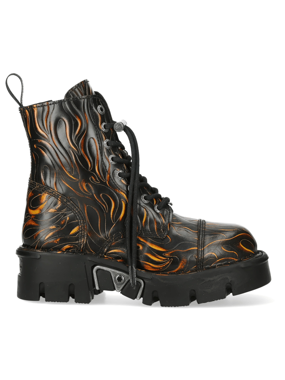 NEW ROCK Men's Gothic Flame Platform Combat Ankle Boots with bold flame design and chunky sole.