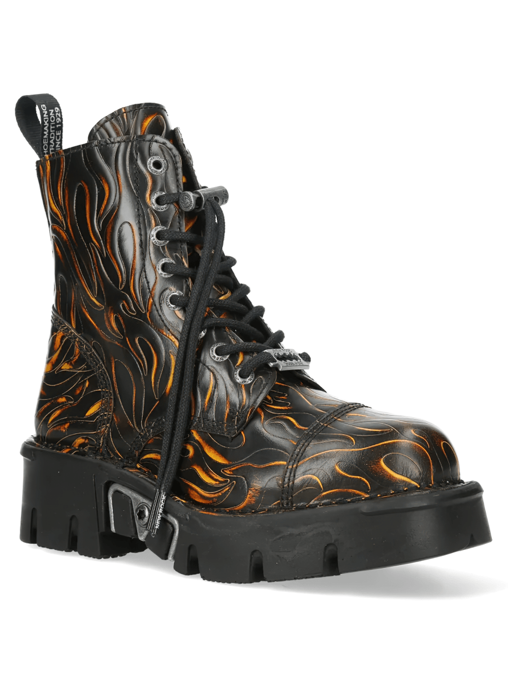 NEW ROCK Men's Gothic Flame Platform Combat Ankle Boots showcasing embossed flame pattern and chunky platform sole.