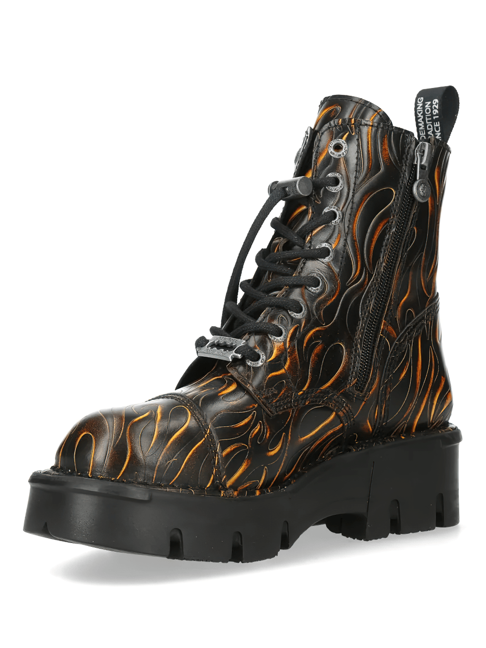 NEW ROCK Men's Gothic Flame Platform Combat Ankle Boots with a striking embossed flame design.