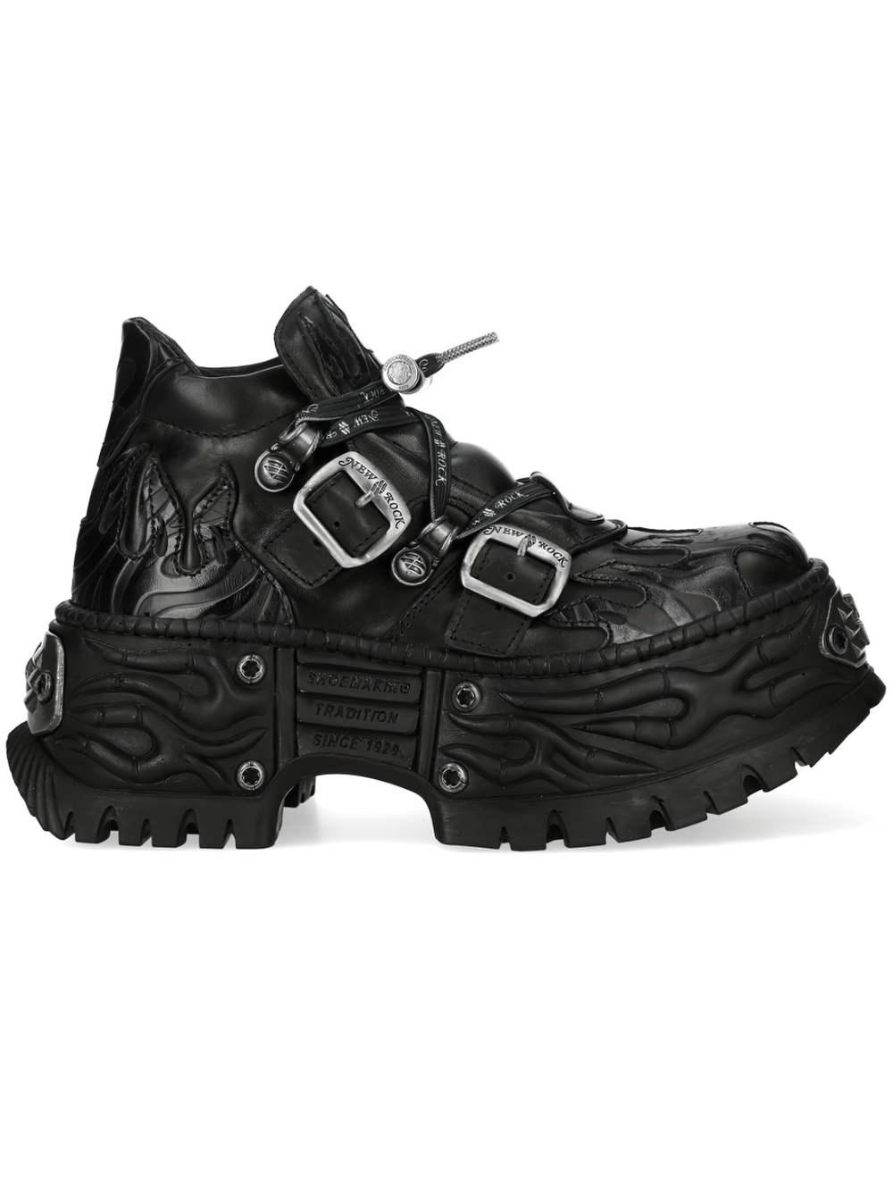 NEW ROCK Men's Gothic Flame Platform Shoes with Buckle featuring flame overlays and buckle straps.