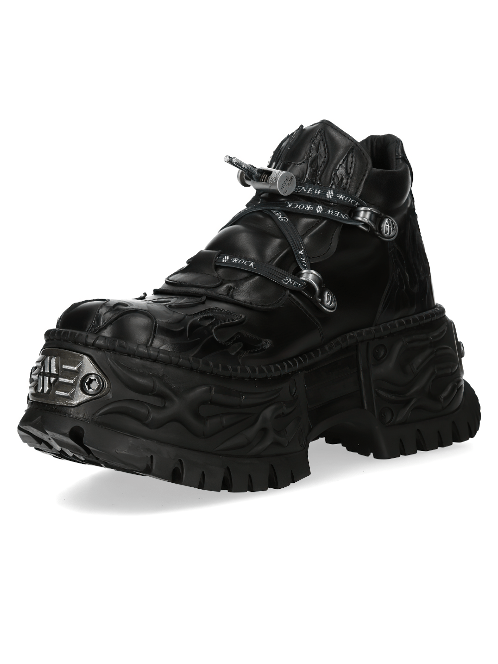 NEW ROCK Men's Gothic Flame Platform Shoes with Buckle featuring black flame overlays and sculpted sole.