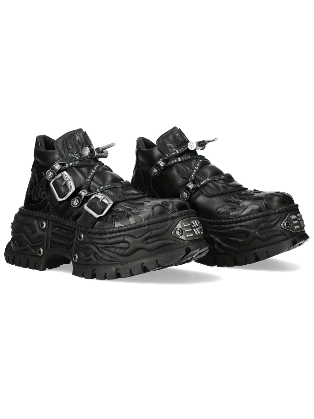 NEW ROCK Men's Gothic Flame Platform Shoes with Buckle in black with flame overlays and buckle straps