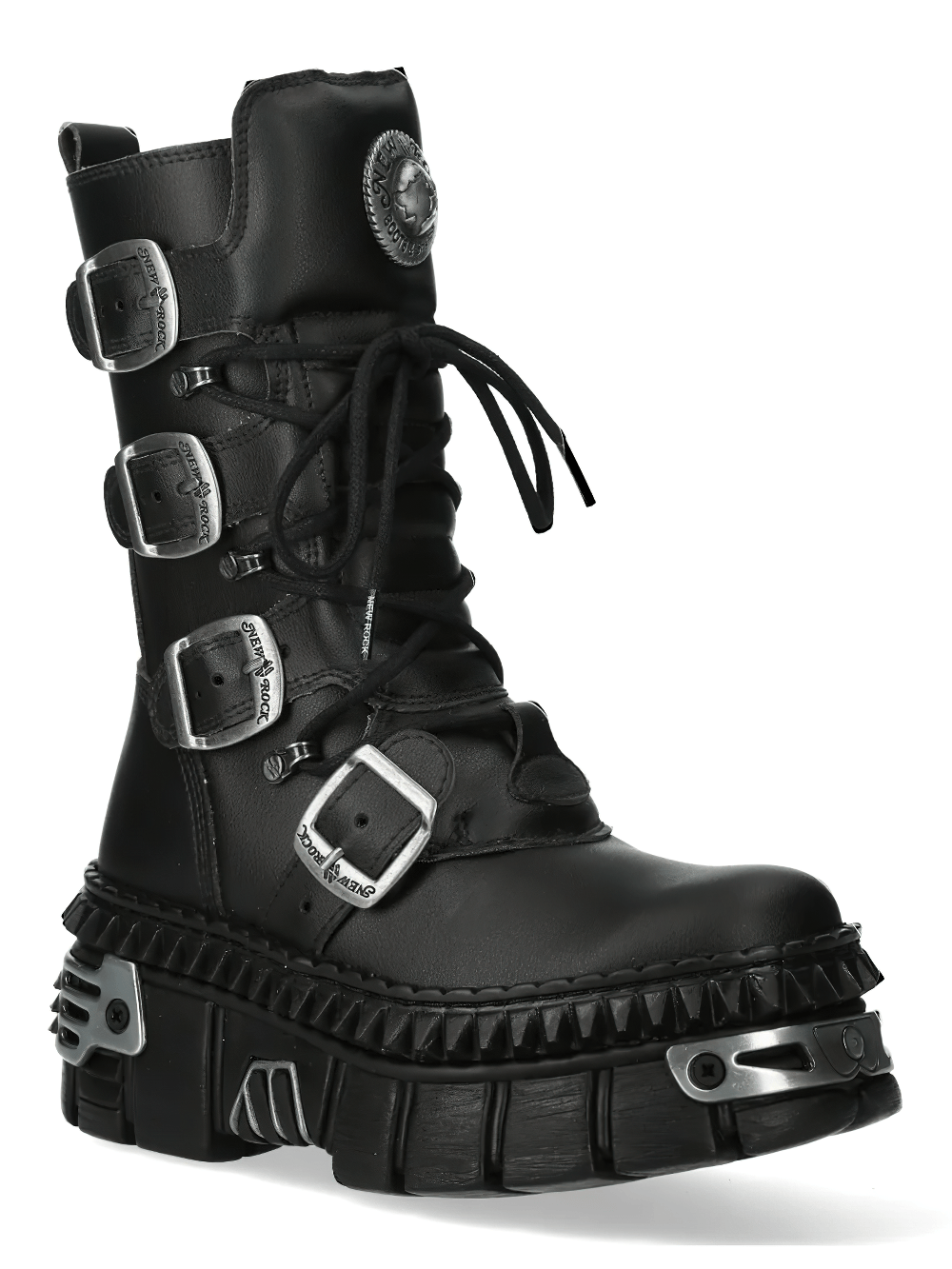 NEW ROCK Men's Gothic Military Boots with Four Buckle Straps featuring lacing and armored soles.