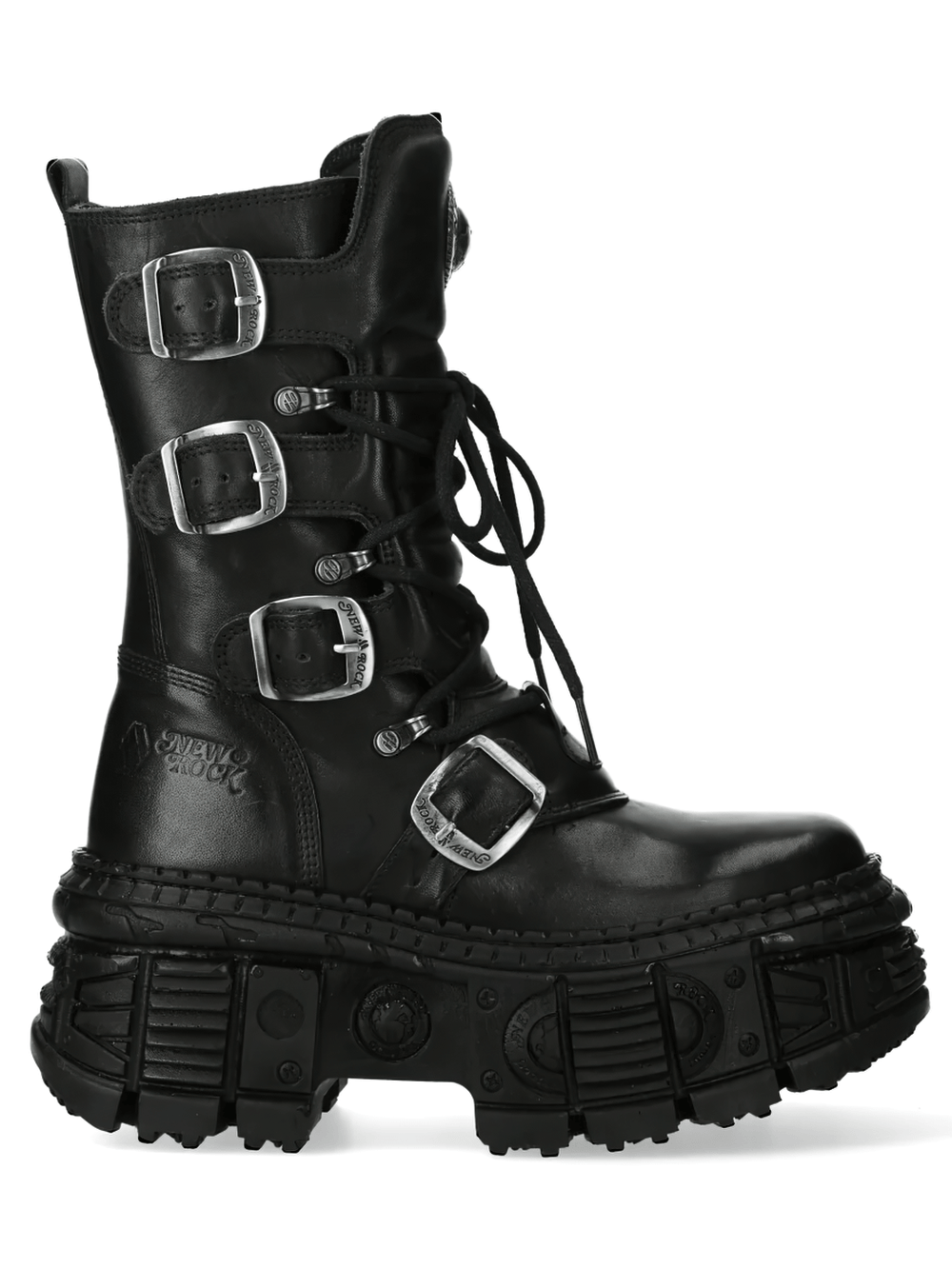 NEW ROCK Men's Gothic Platform Boots with Four Buckle Straps featuring a sculpted lugged sole for a punk look.