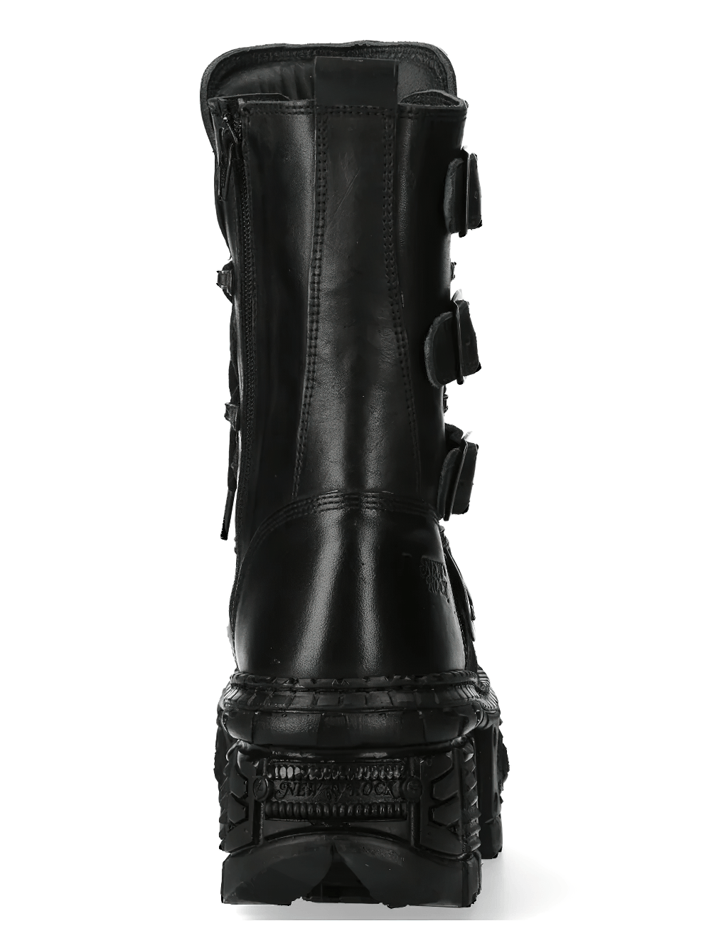 NEW ROCK Men's Gothic Platform Boots with Four Buckle Straps back view showcasing leather shaft and sculpted sole.
