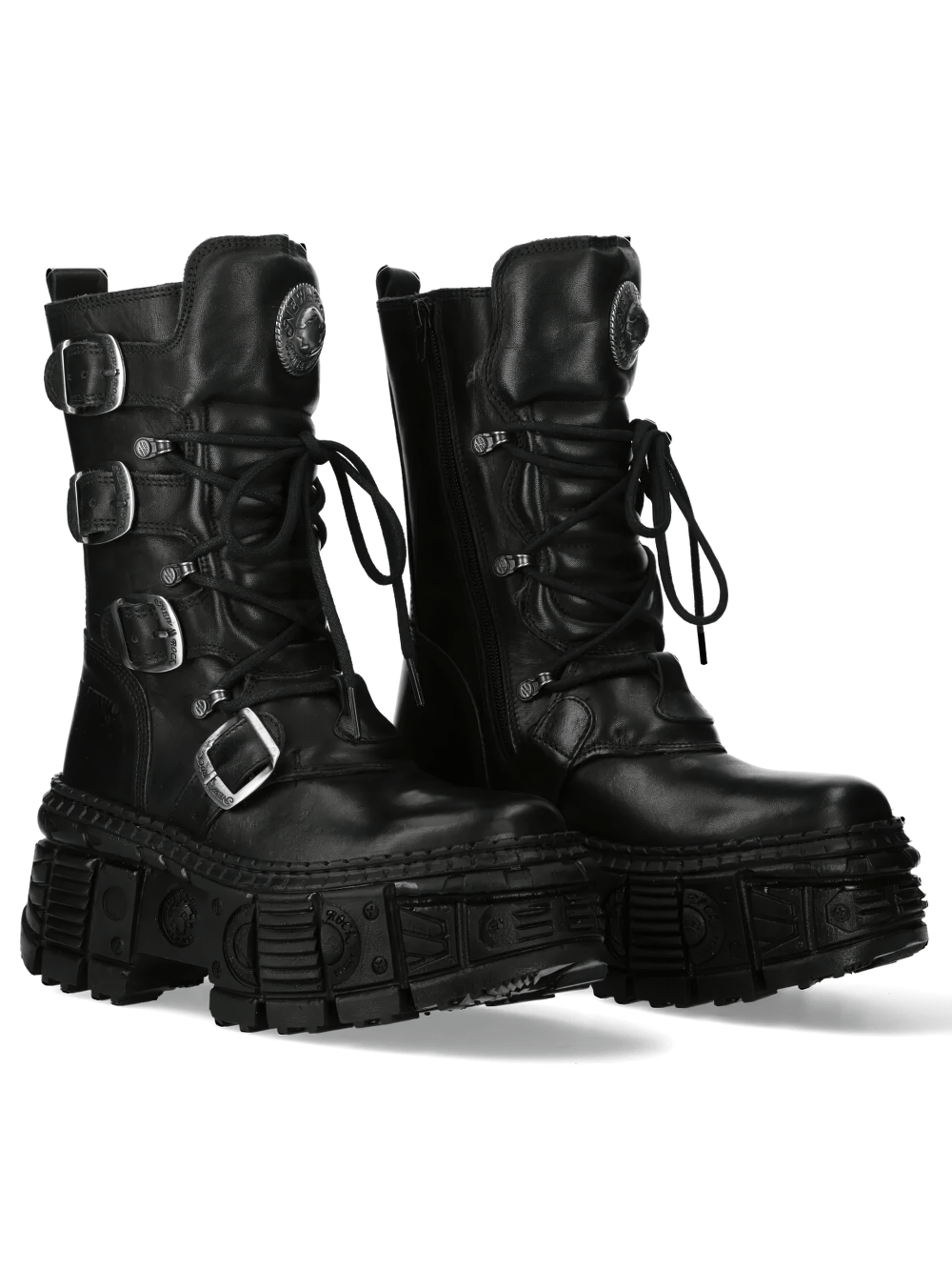 NEW ROCK Men's Gothic Platform Boots with Four Buckle Straps in black, featuring tall genuine leather and sculpted lugged sole.