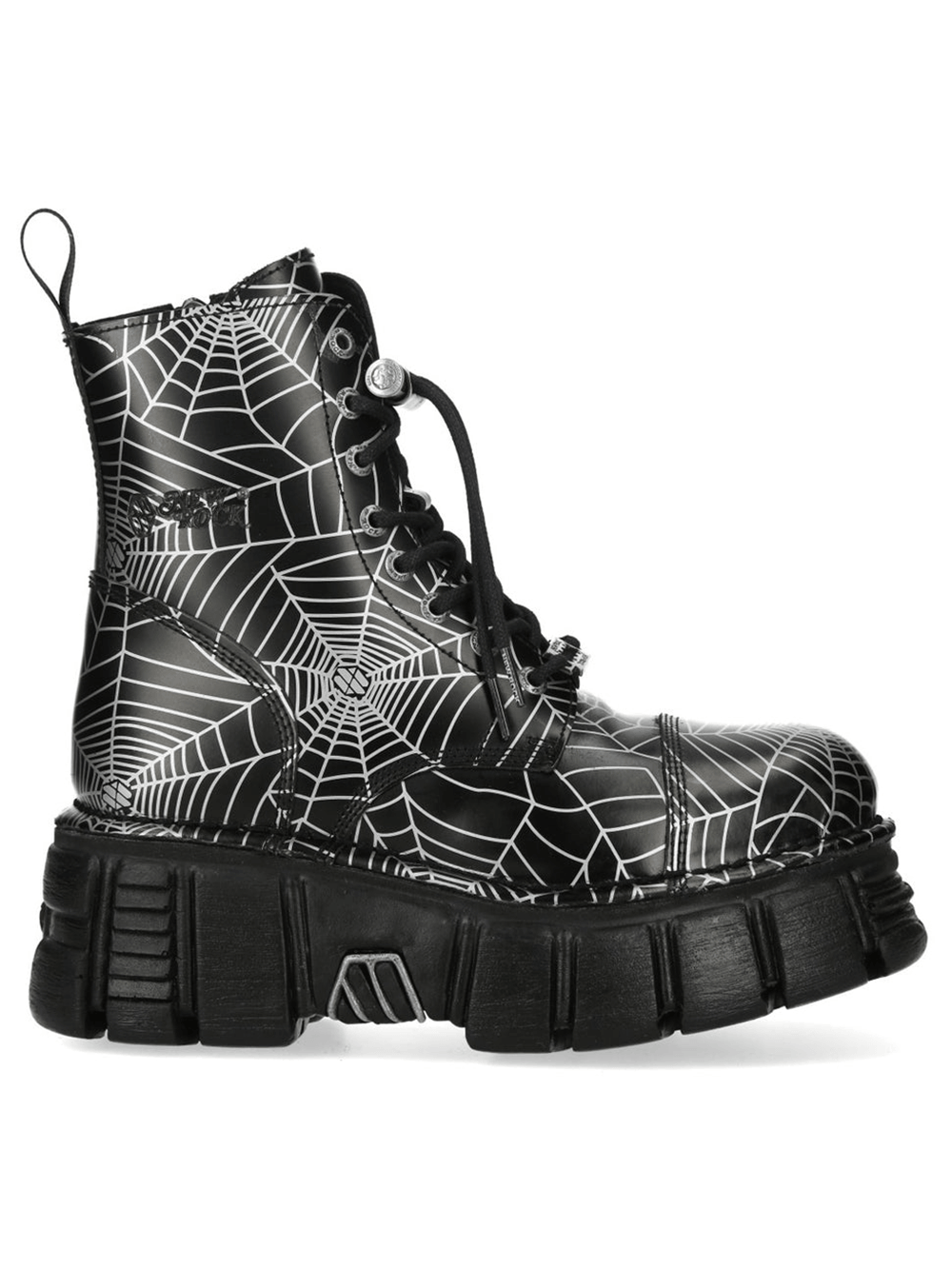 NEW ROCK Men's Gothic Platform Boots with Industrial Edge featuring black spiderweb design and chunky tread.