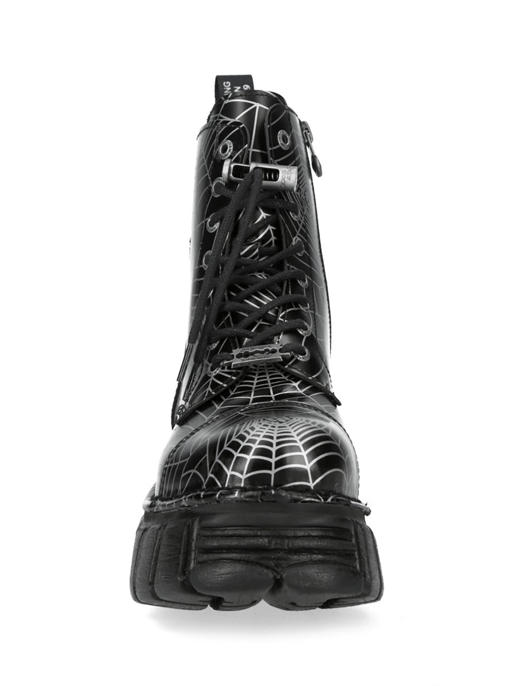 NEW ROCK Men's Gothic Platform Boots with Industrial Edge featuring black spiderweb design and chunky sole.