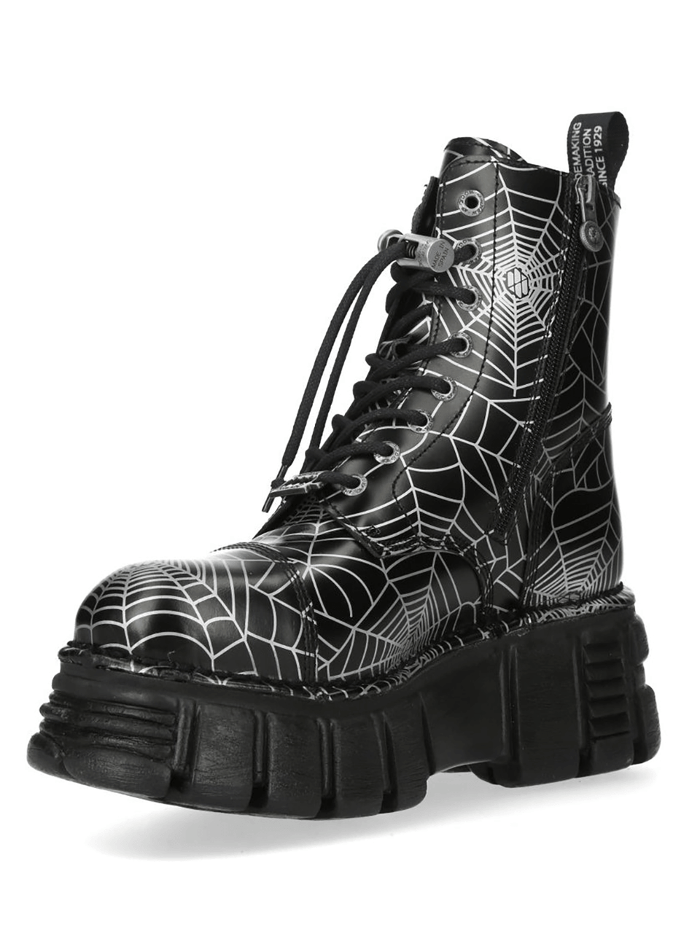 NEW ROCK Men's Gothic Platform Boots with Industrial Edge featuring spiderweb print and chunky tread.