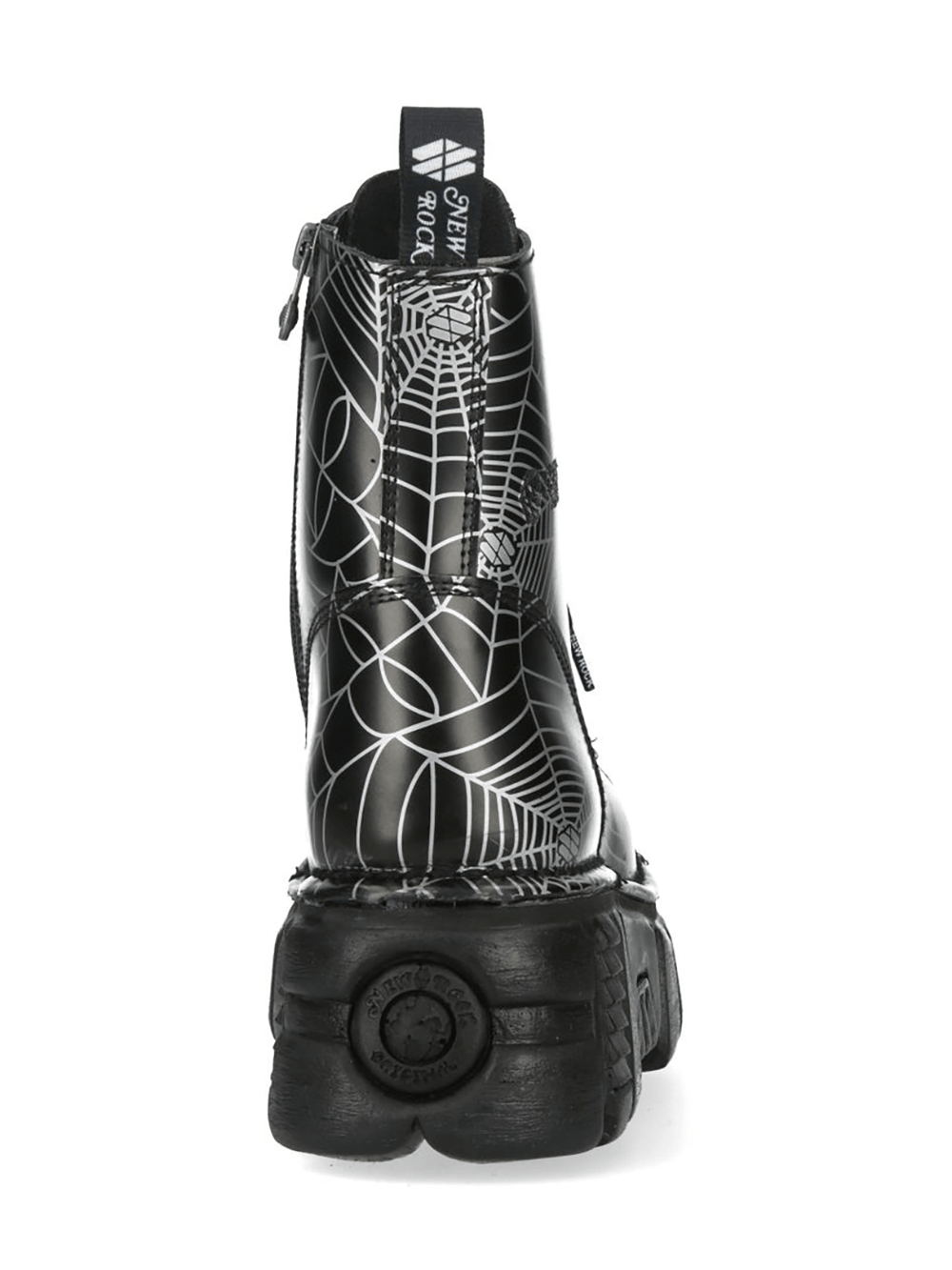 NEW ROCK Men's Gothic Platform Boots with Industrial Edge featuring a black spiderweb design and chunky sculpted sole.