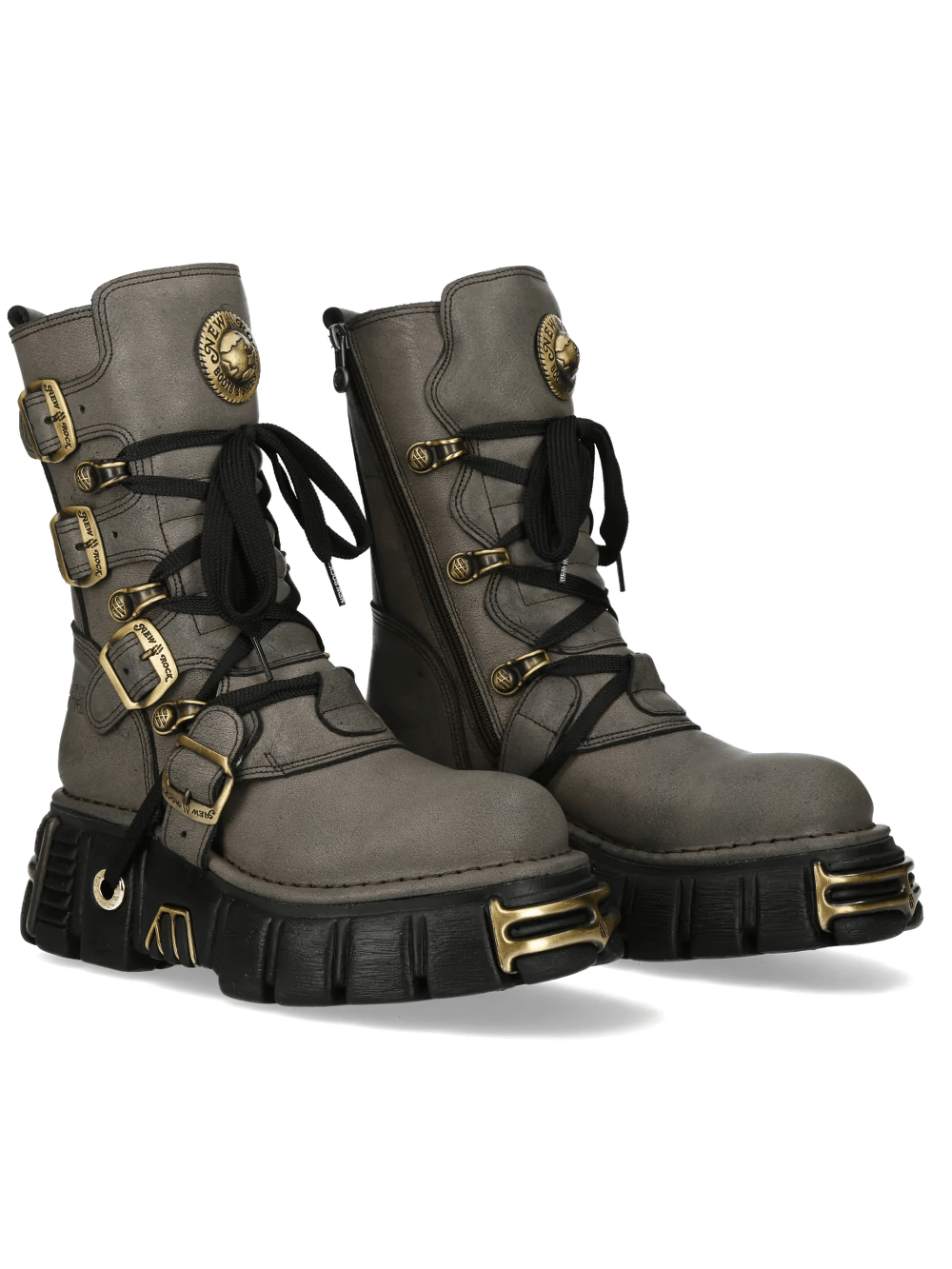 NEW ROCK Men's Gothic Platform Boots with Rugged Buckle Set in gray with chunky sole and antique gold-tone buckles.