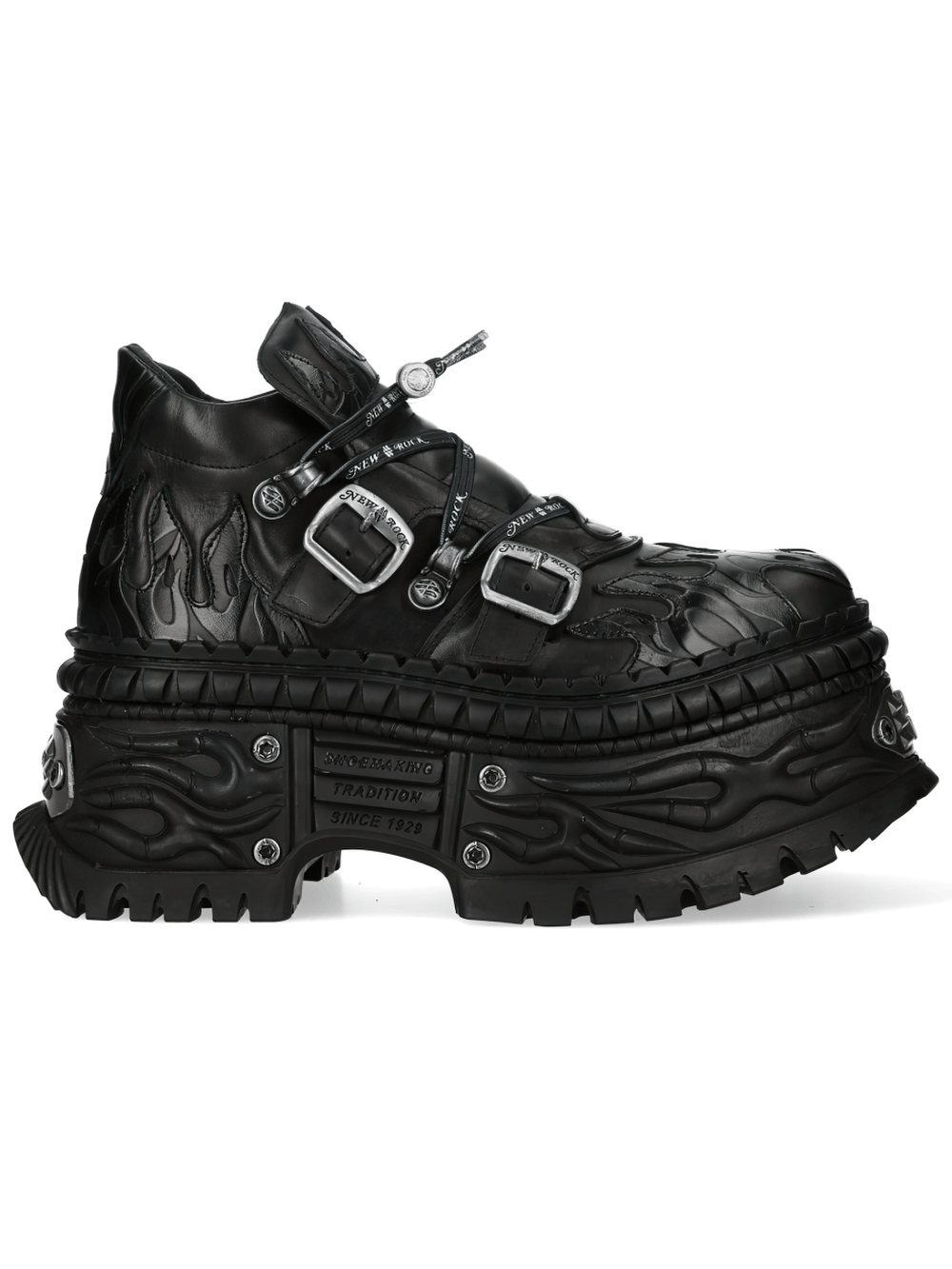 NEW ROCK Men's Gothic Platform Shoes with Flame Strap Trim showcasing flame panel and buckle trim design.