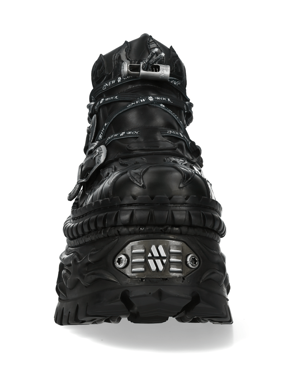 NEW ROCK Men's Gothic Platform Shoes with Flame Strap Trim showcasing a unique flame panel and bold buckle straps.