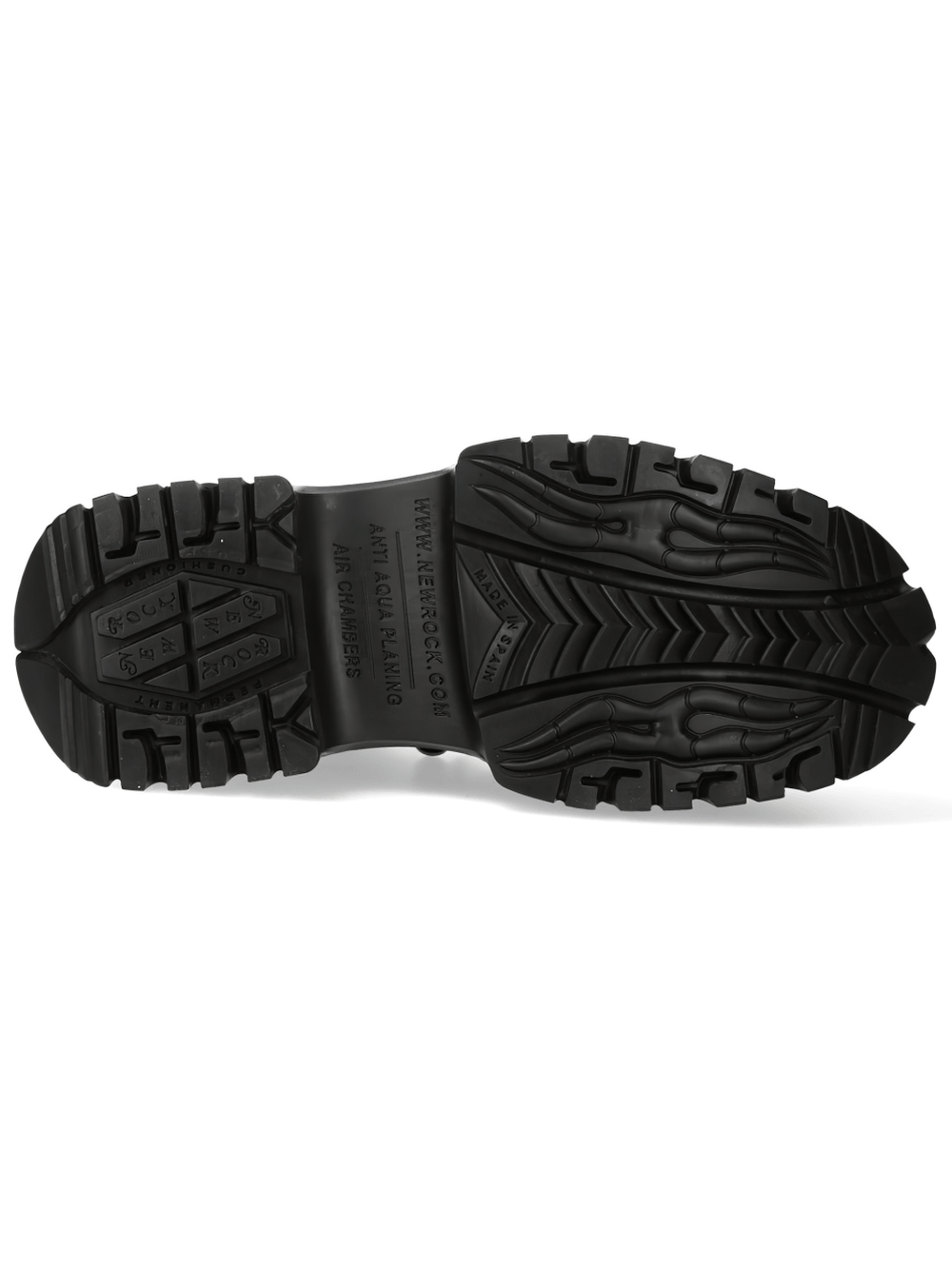 Bottom view of NEW ROCK Men's Gothic Platform Shoes with Flame Strap Trim showcasing the robust sole and traction design.