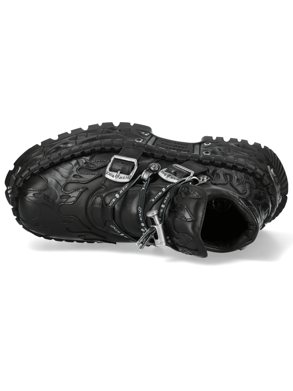NEW ROCK Men's Gothic Platform Shoes with Flame Strap Trim, featuring flame panel, buckle trim, and a bold cyber rock style.