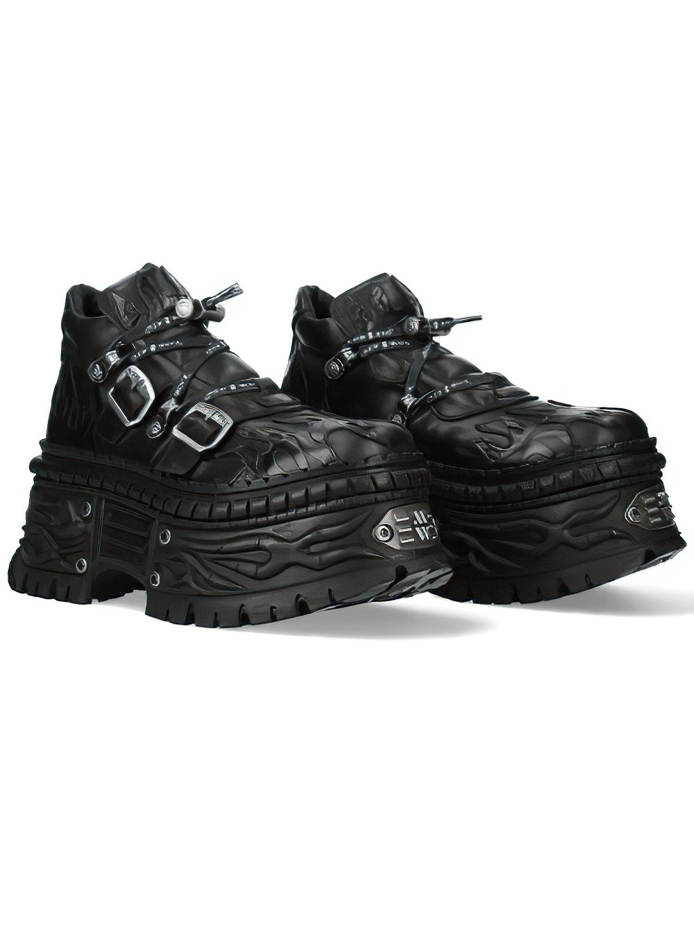 NEW ROCK Men's Gothic Platform Shoes with Flame Strap Trim featuring a black design and flame-style overlays.