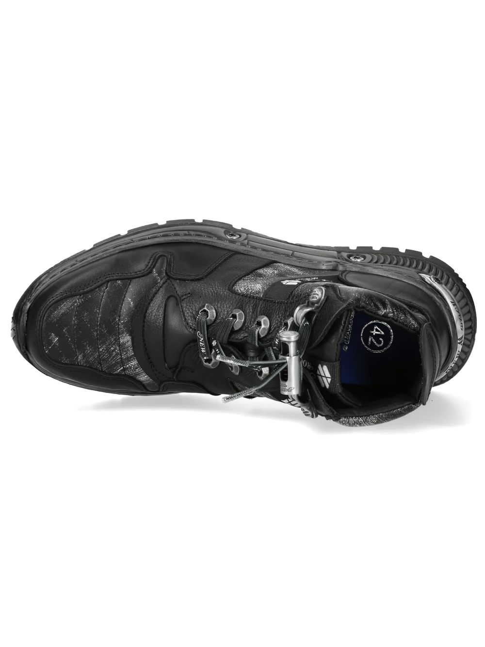 NEW ROCK Men's Gothic Rock Ankle Boots with Industrial Sole shown from above, highlighting unique design and rugged details.