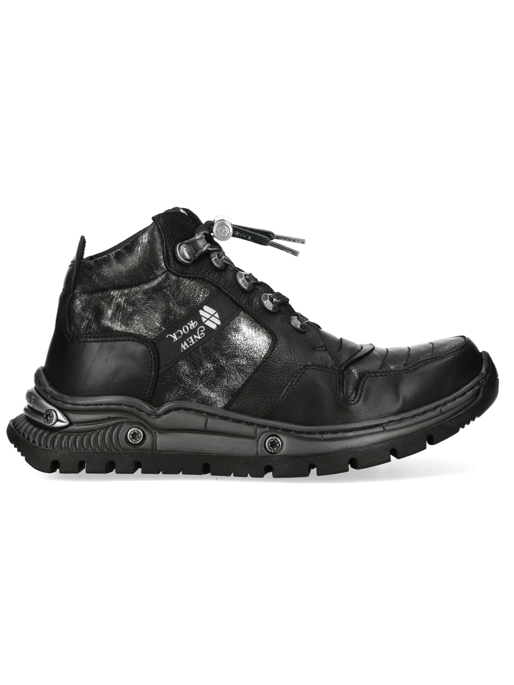 NEW ROCK Men's Gothic Rock Ankle Boots with Industrial Sole featuring a rugged black finish and metallic accents.
