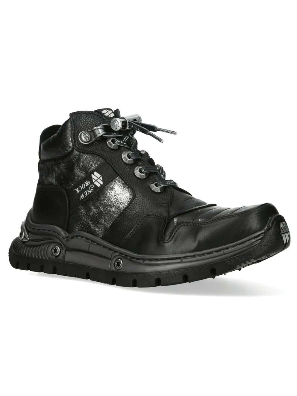 NEW ROCK Men's Gothic Rock Ankle Boots with Industrial Sole featuring a rugged black finish and metallic accents.