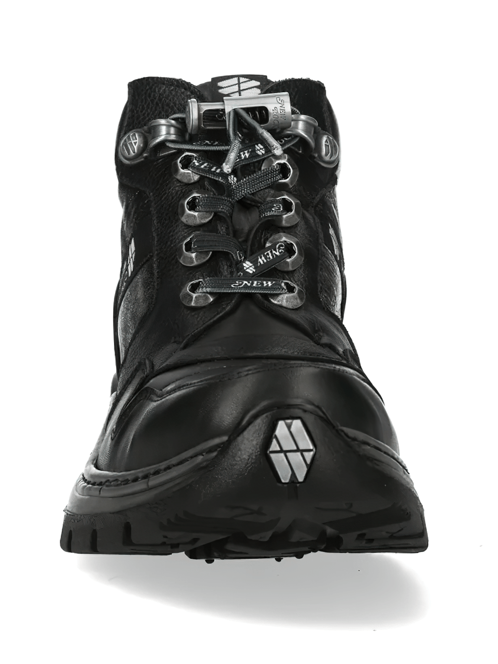 NEW ROCK Men's Gothic Rock Ankle Boots with Industrial Sole front view showcasing rugged design and metallic accents.