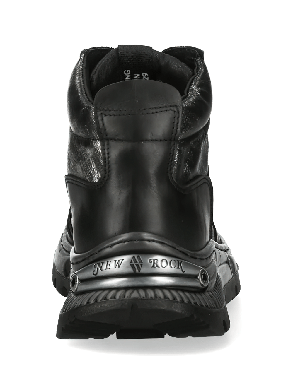 NEW ROCK Men's Gothic Rock Ankle Boots with Industrial Sole back view showcasing rugged design and metallic details.