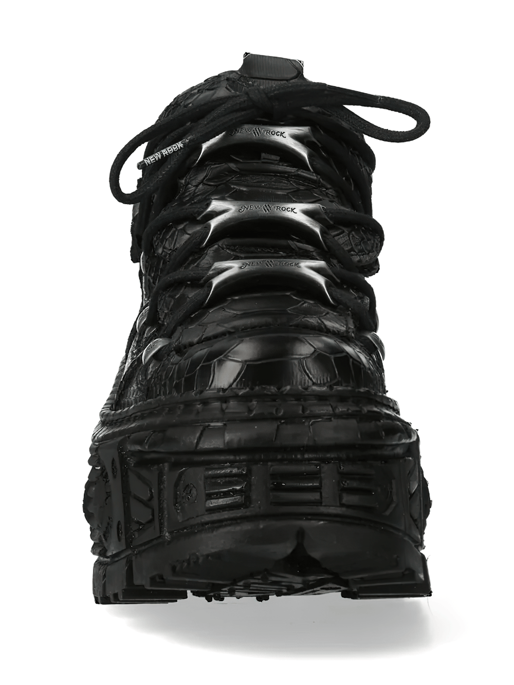 NEW ROCK Men's Gothic Shoes with Croc Texture and Metal Trim - front view showcasing lace-up design and sculpted tread.