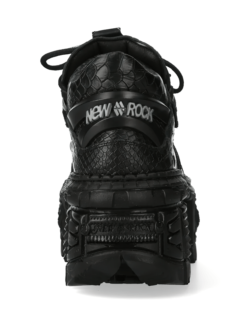 NEW ROCK Men's Gothic Shoes with Croc Texture and Metal Trim, showcasing a rugged black design and sculpted sole.