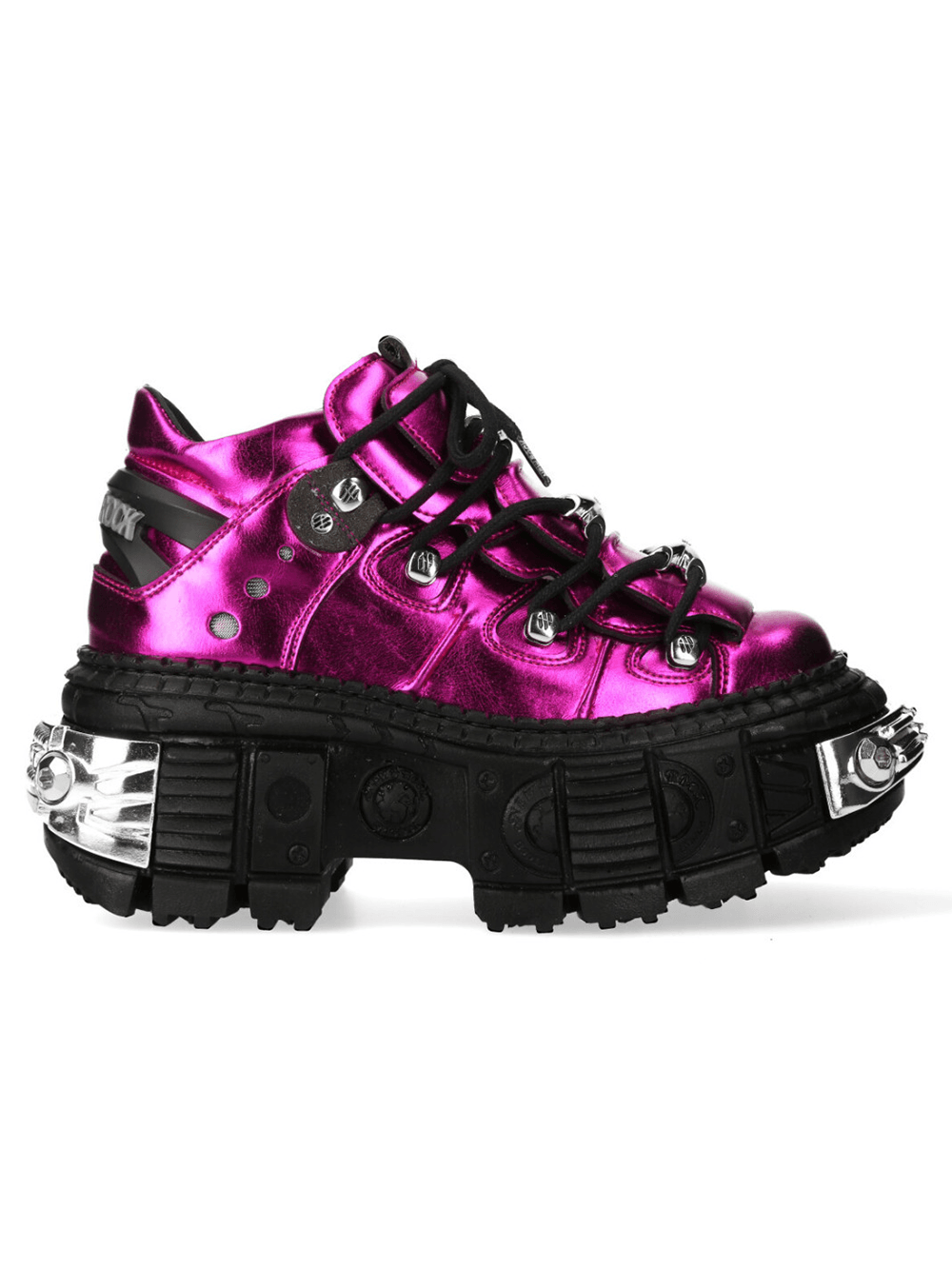 NEW ROCK Men's Gothic Shoes with Mechanical Hardware in metallic pink with bold armored platform sole.