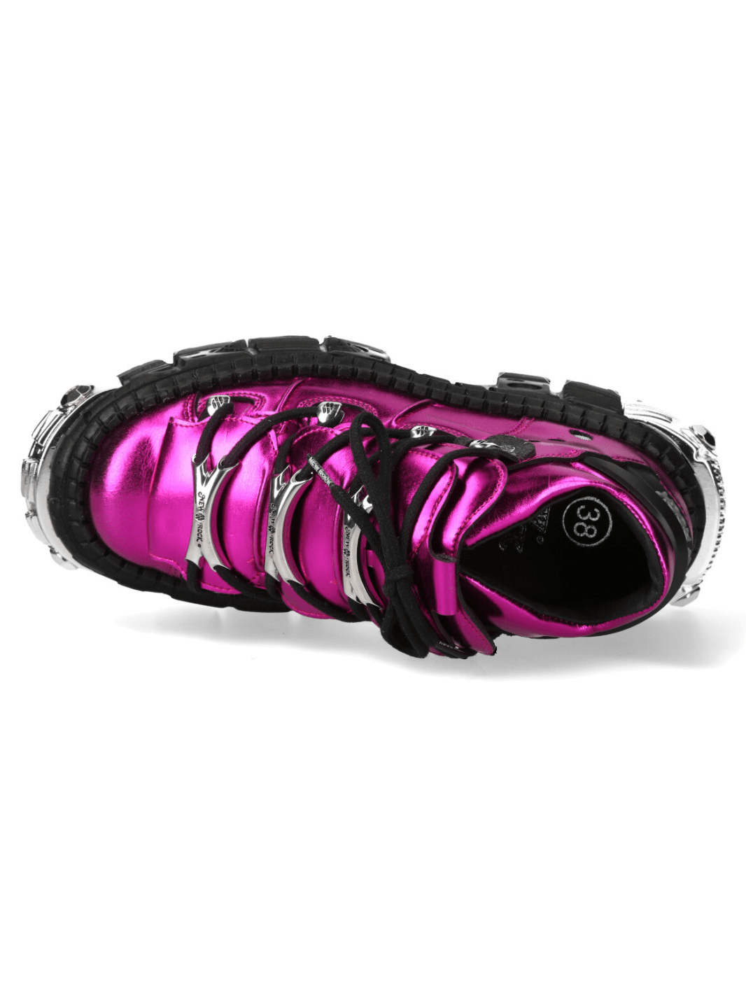 NEW ROCK Men's Gothic Shoes with Mechanical Hardware in metallic pink with black lacing and armored platform.