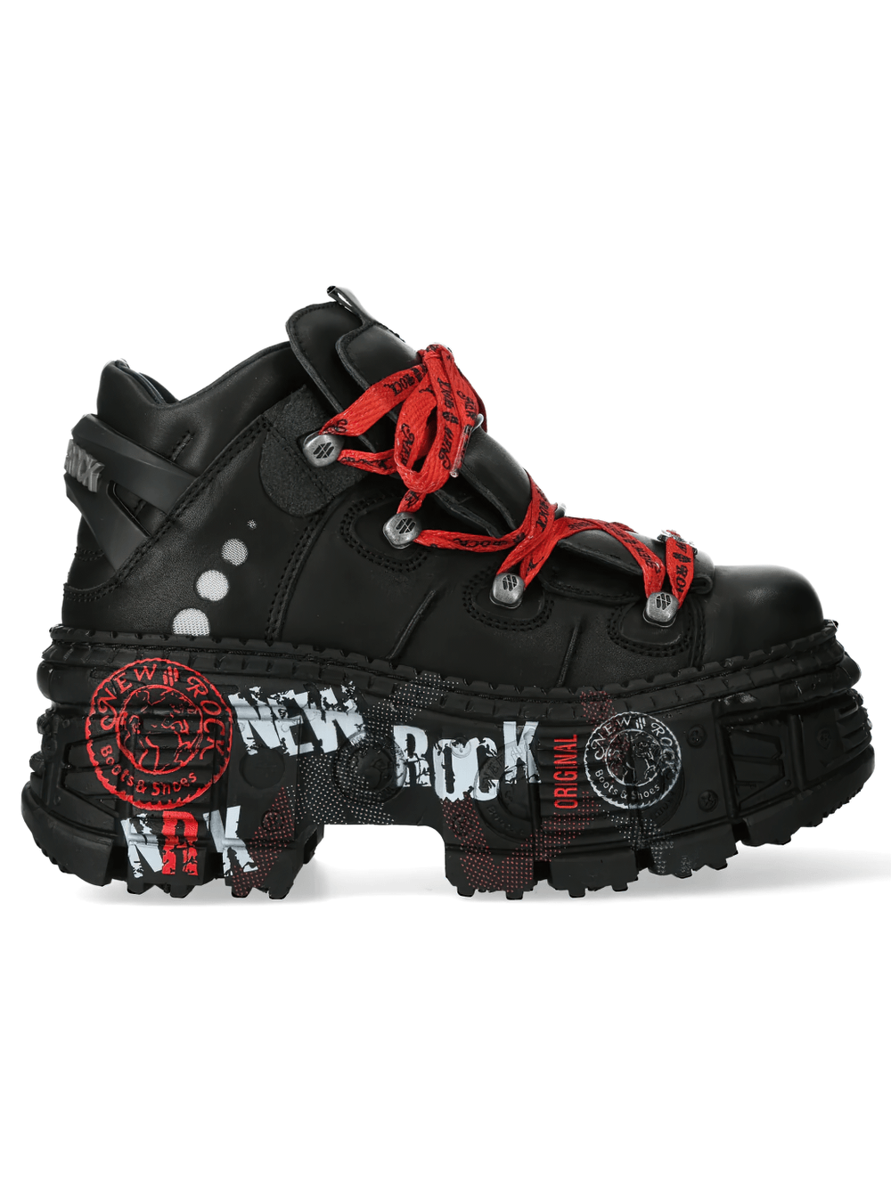 NEW ROCK Men's Gothic Shoes with Red Laces and Chunky Soles in black with bold red laces and streetwear grip soles.