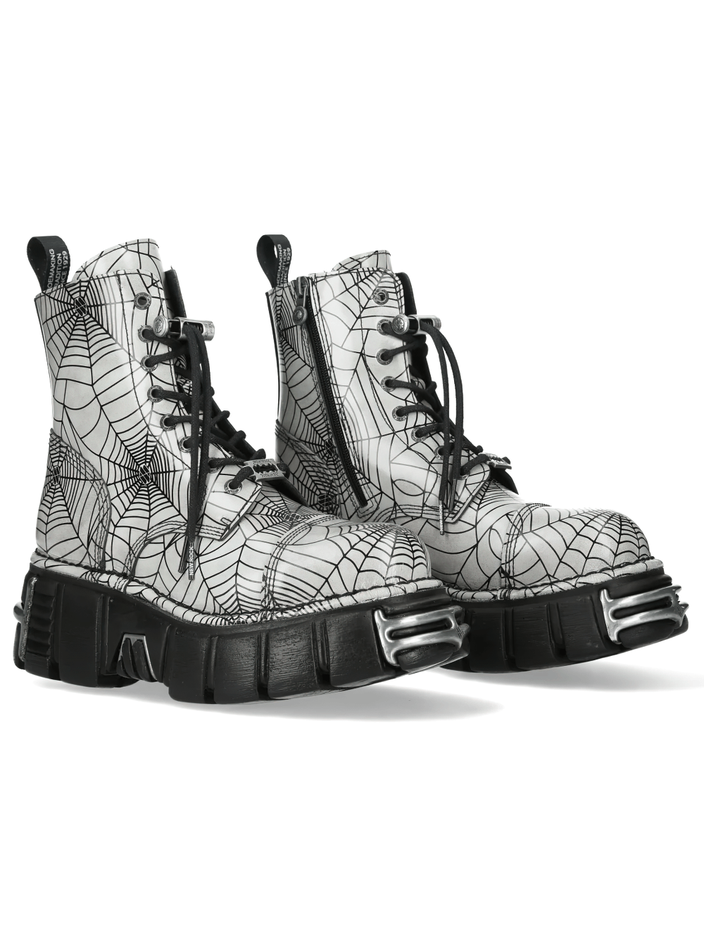 NEW ROCK Men's Gothic Spider Web Platform Combat Boots in gray with spiderweb print and chunky sole.