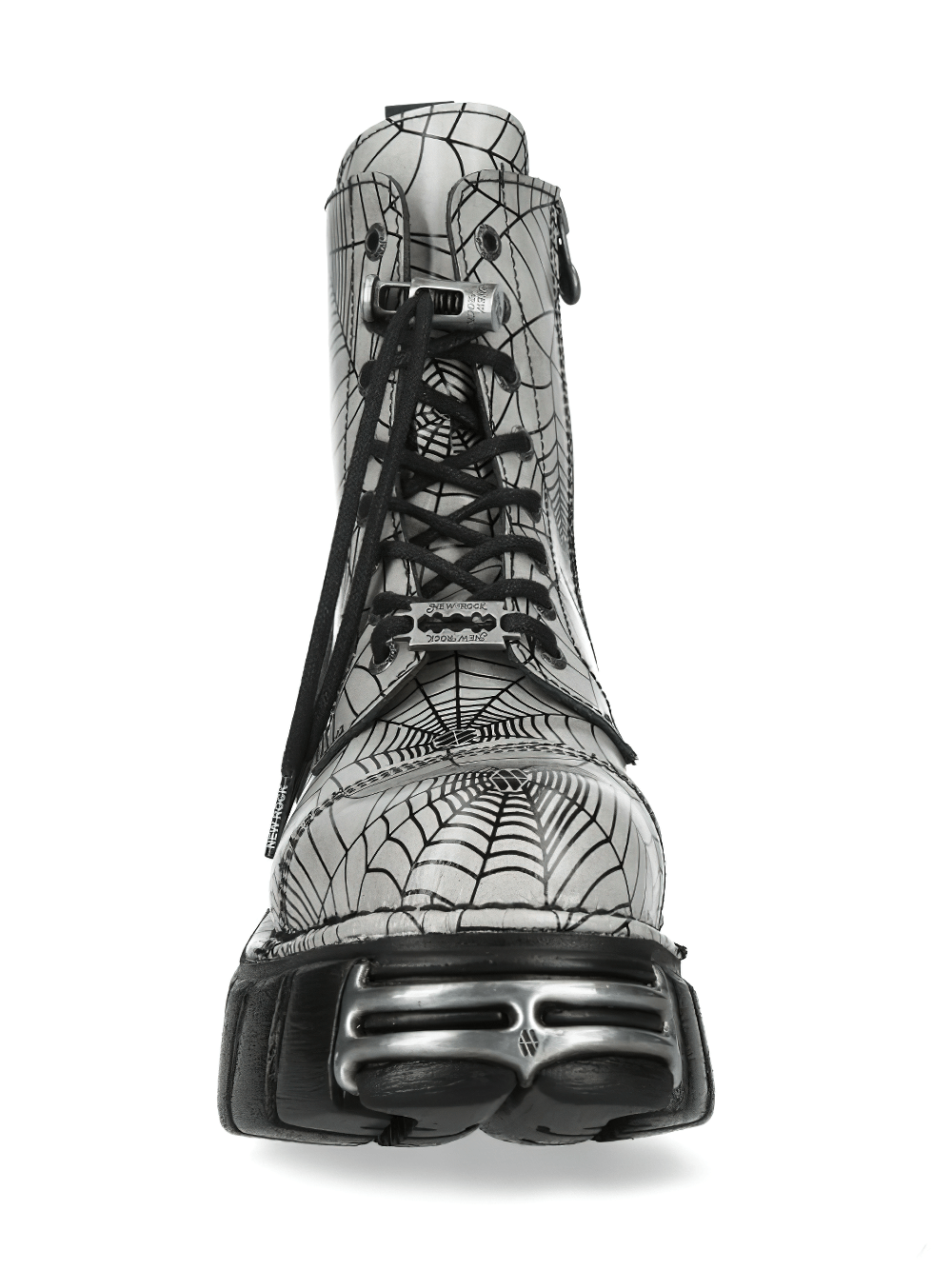 NEW ROCK Men's Gothic Spider Web Platform Combat Boots with spiderweb print and metal toe guard.