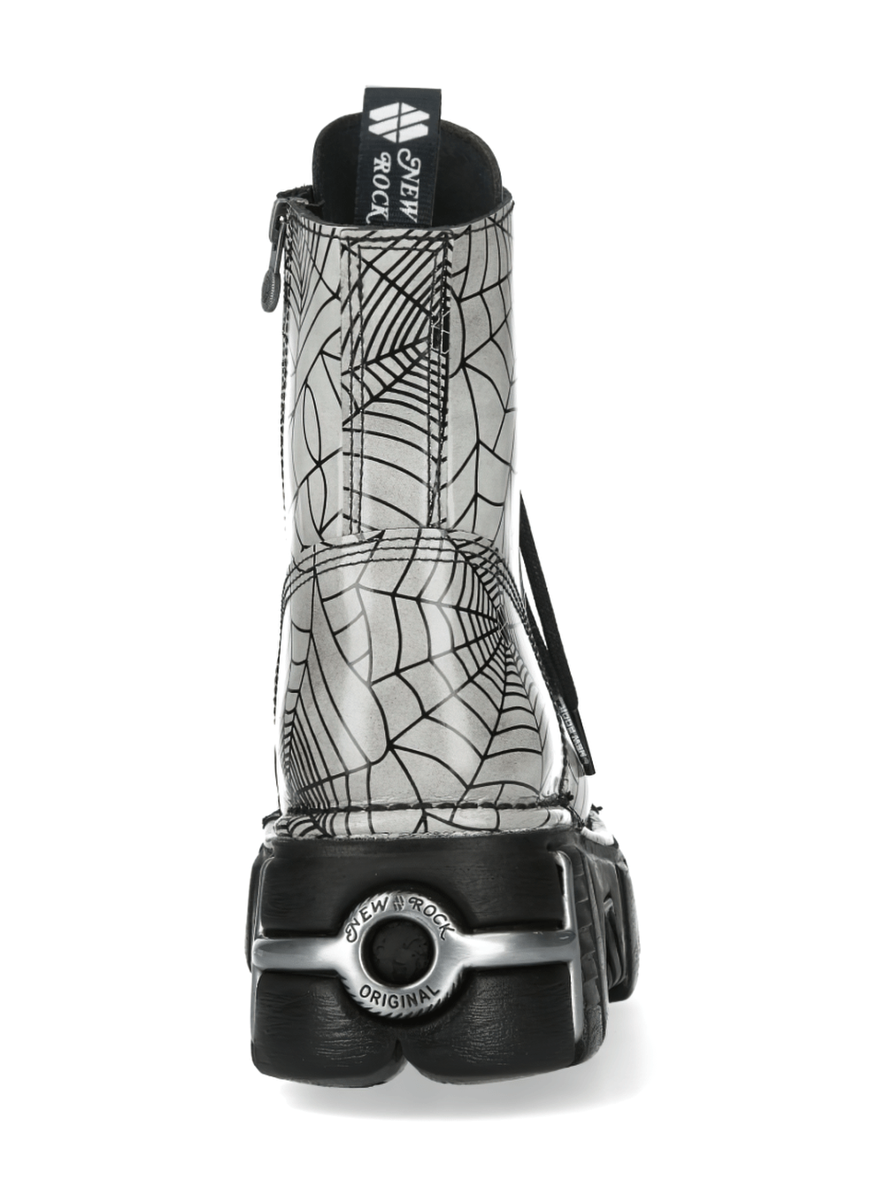 NEW ROCK Men's Gothic Spider Web Platform Combat Boots - Back view showcasing spider web design and platform sole.