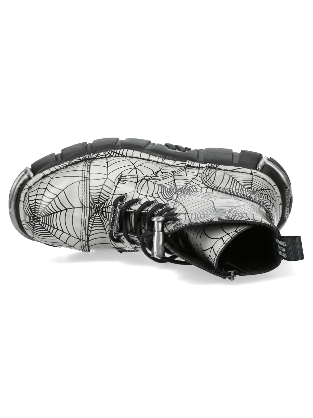 NEW ROCK Men's Gothic Spider Web Platform Combat Boots in black and white with spiderweb print from above.