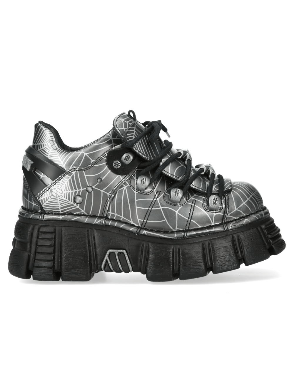 NEW ROCK Men's Gray Punk Shoes with Oversized Platform Sole featuring spiderweb print and oversized black sole.